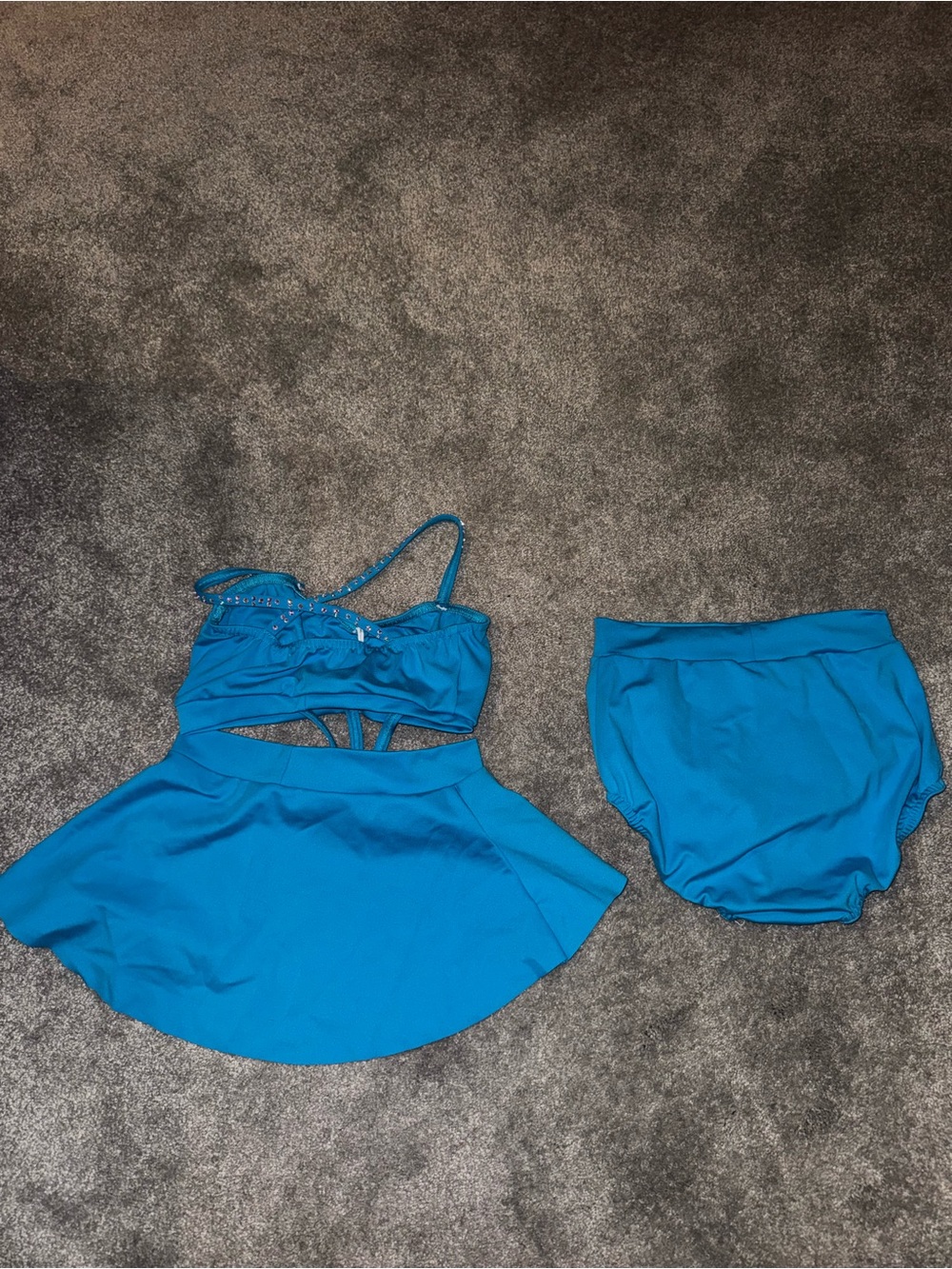 Blue Two-Piece comp dance, high waist briefs and rhinestone accent top/skirt